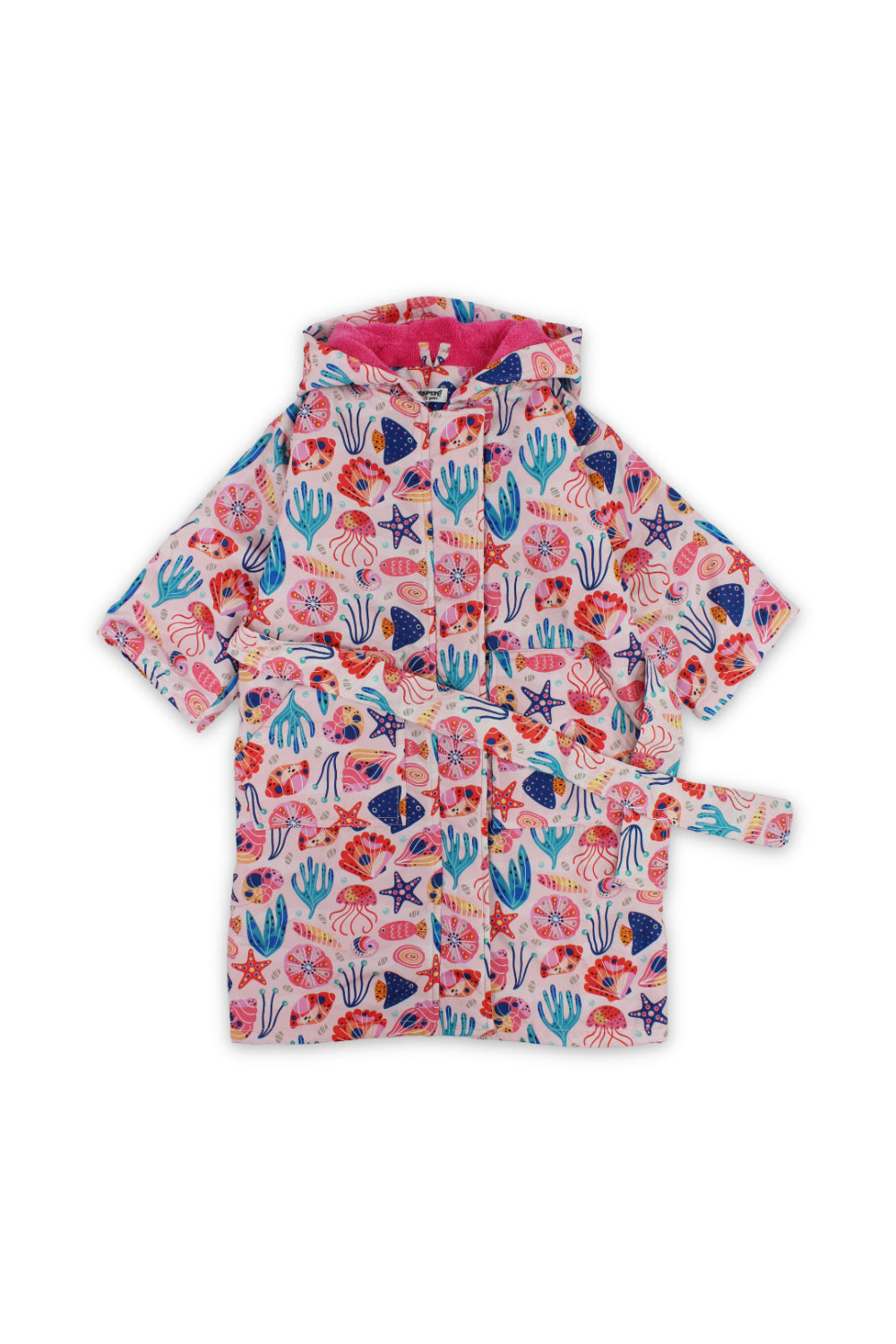girls waterproof swim robe – pink with sea creatures print