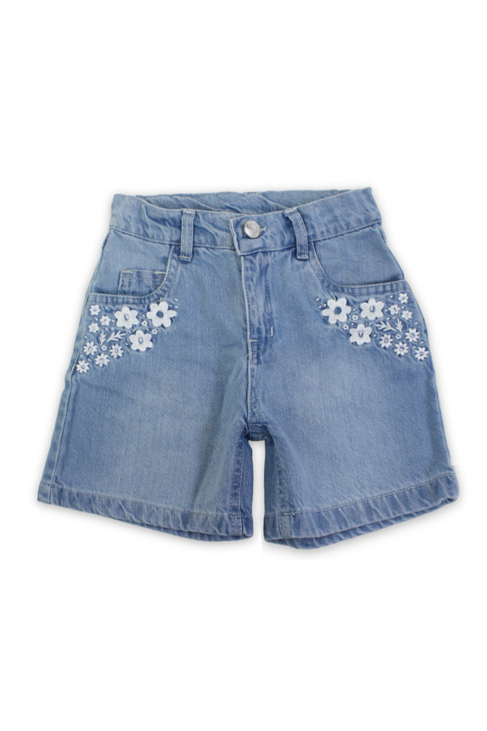 girls denim short – ice blue with flowers embroidery