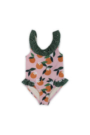 girls one-piece swimsuit – dustypink & olive with orange print