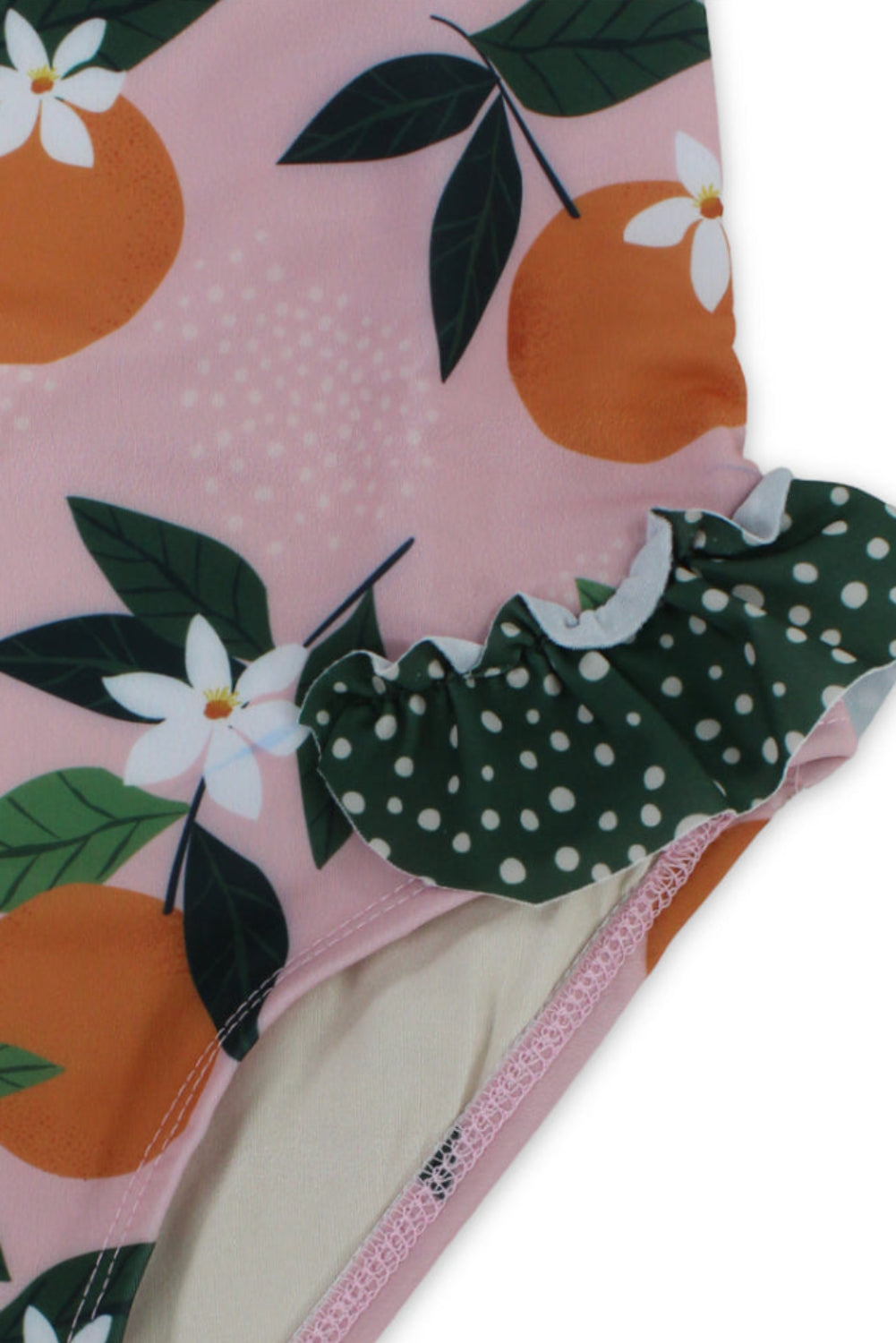 girls one-piece swimsuit – dustypink & olive with orange print