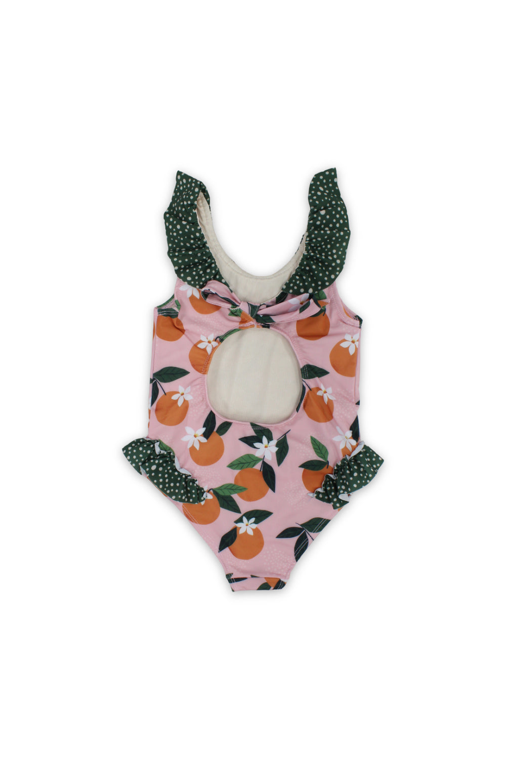 girls one-piece swimsuit – dustypink & olive with orange print