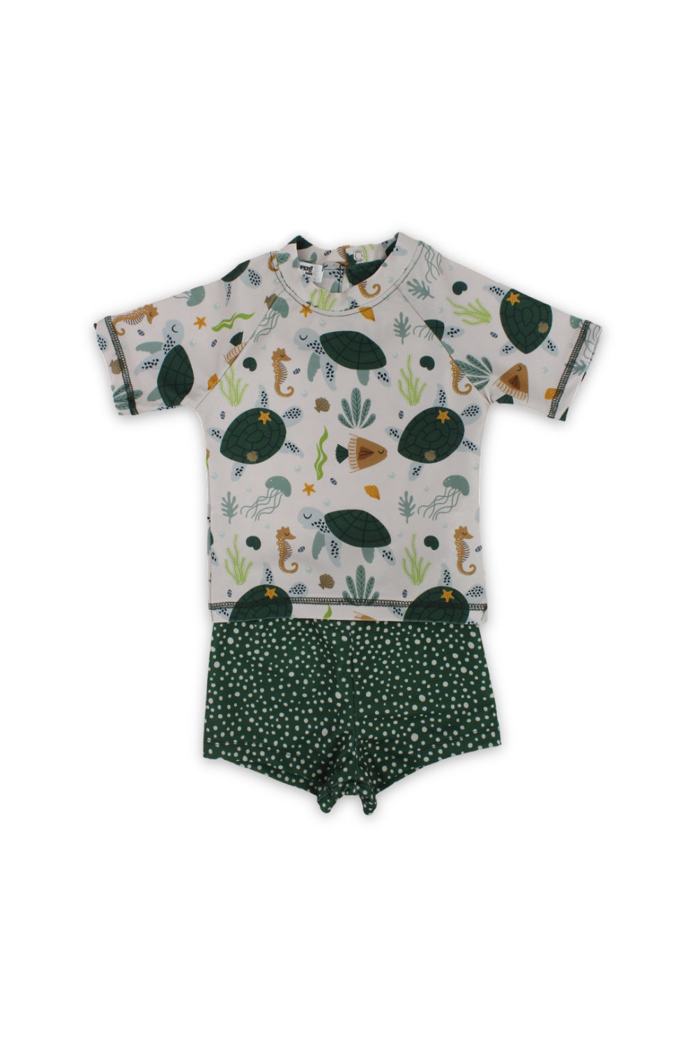 baby boys 2-piece swimsuit – beige & olive with sea creatures print