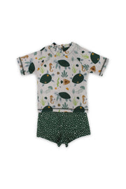 baby boys 2-piece swimsuit – beige & olive with sea creatures print