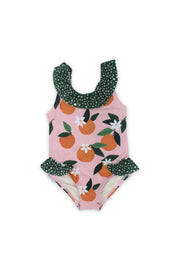 baby girls one-piece sleeveless swimsuit – dusty pink & olive with orange print