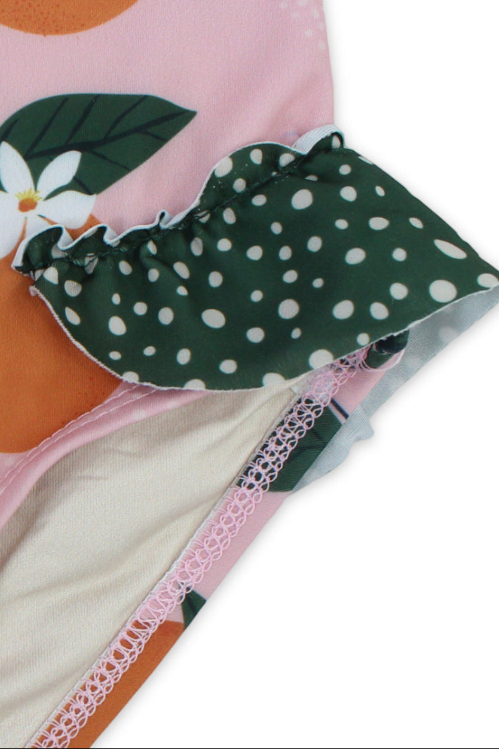 baby girls one-piece sleeveless swimsuit – dusty pink & olive with orange print