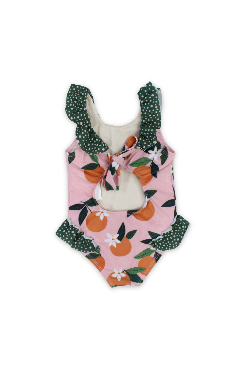 baby girls one-piece sleeveless swimsuit – dusty pink & olive with orange print