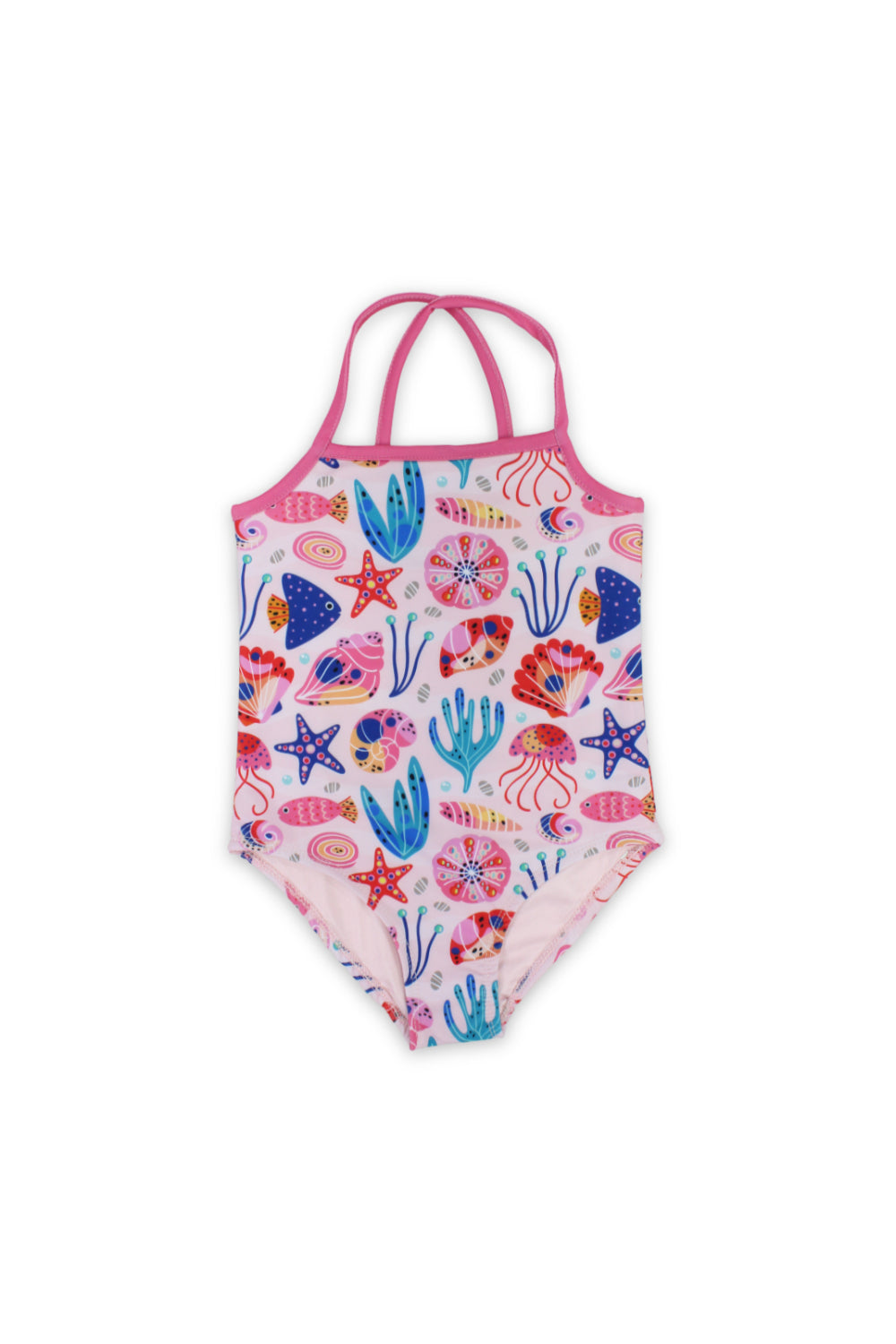 girls one-piece sleeveless swimsuit – pink with under the sea print