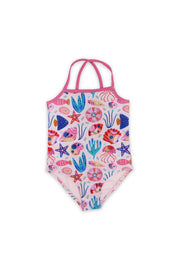 girls one-piece sleeveless swimsuit – pink with under the sea print