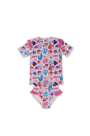 girls 2-piece swimsuit – pink with marine life print