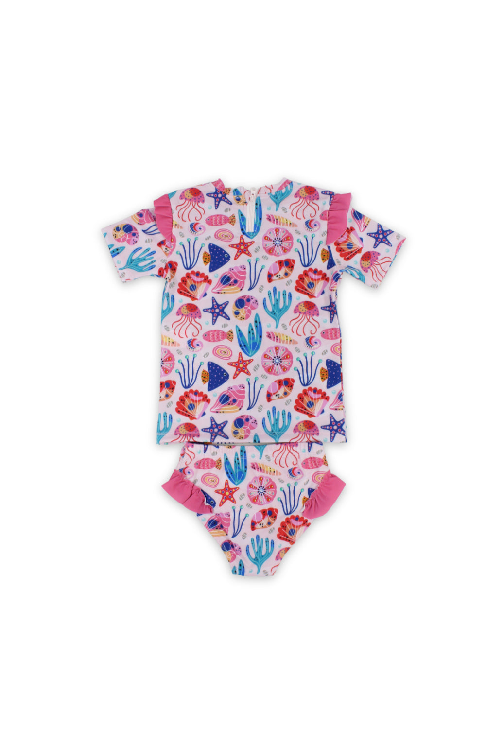 girls 2-piece swimsuit – pink with marine life print