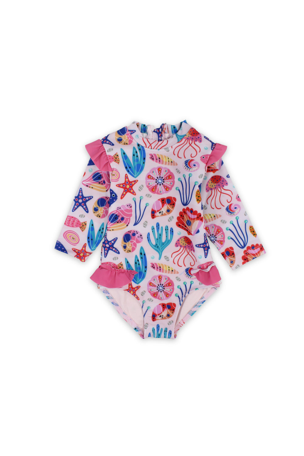 baby girls one-piece long-sleeved swimsuit – pink with marine life print