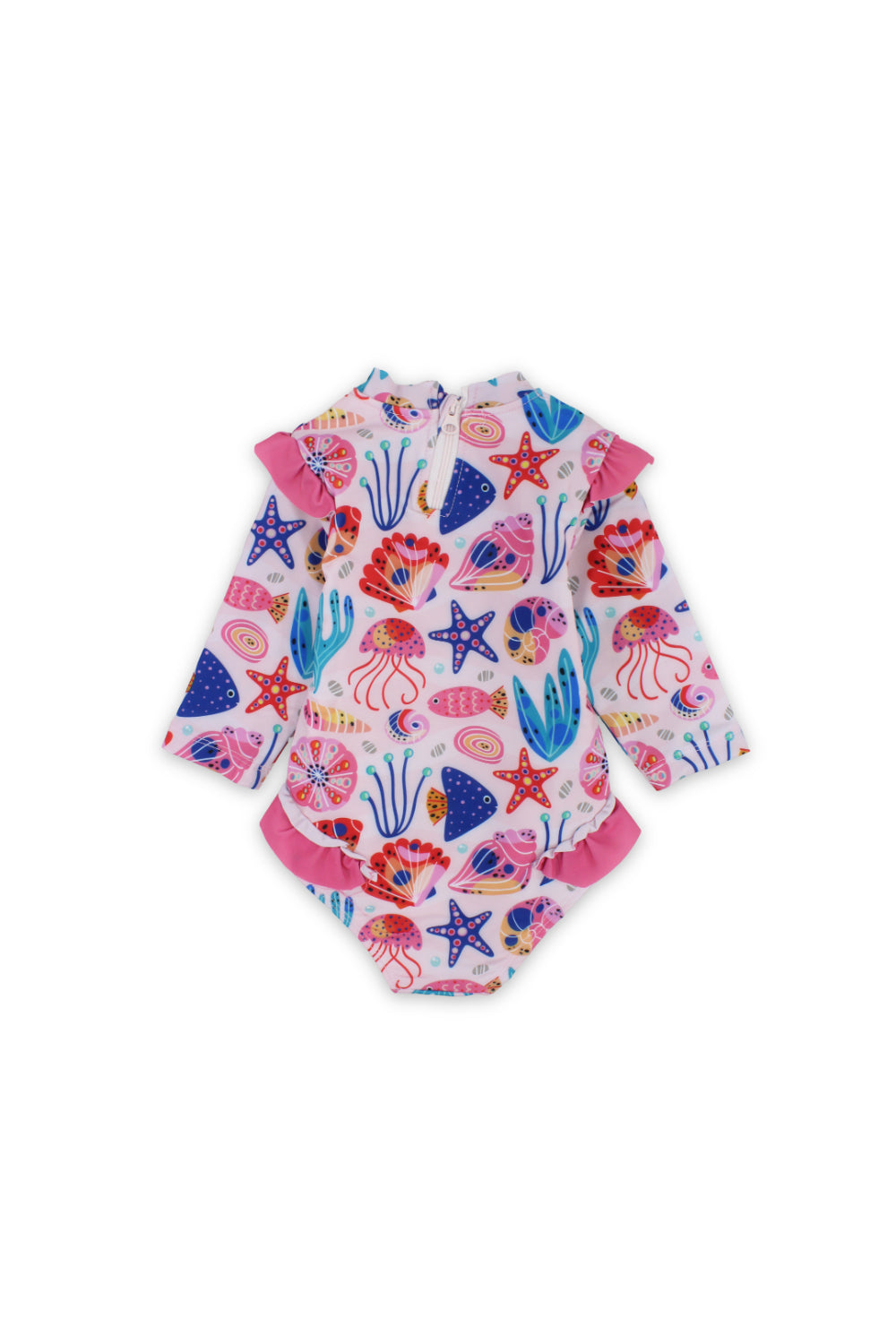 baby girls one-piece long-sleeved swimsuit – pink with marine life print