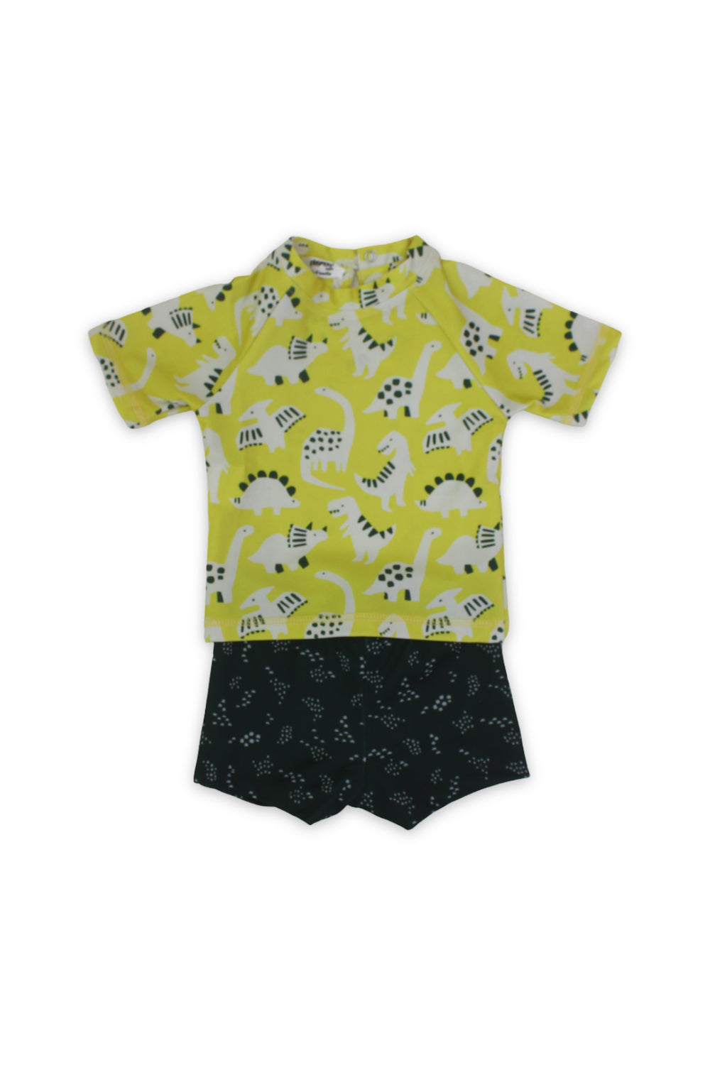 baby boys 2-piece swimsuit – yellow & olive with dinosaur print