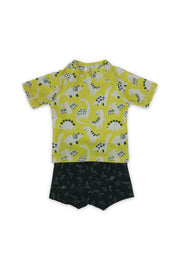 baby boys 2-piece swimsuit – yellow & olive with dinosaur print
