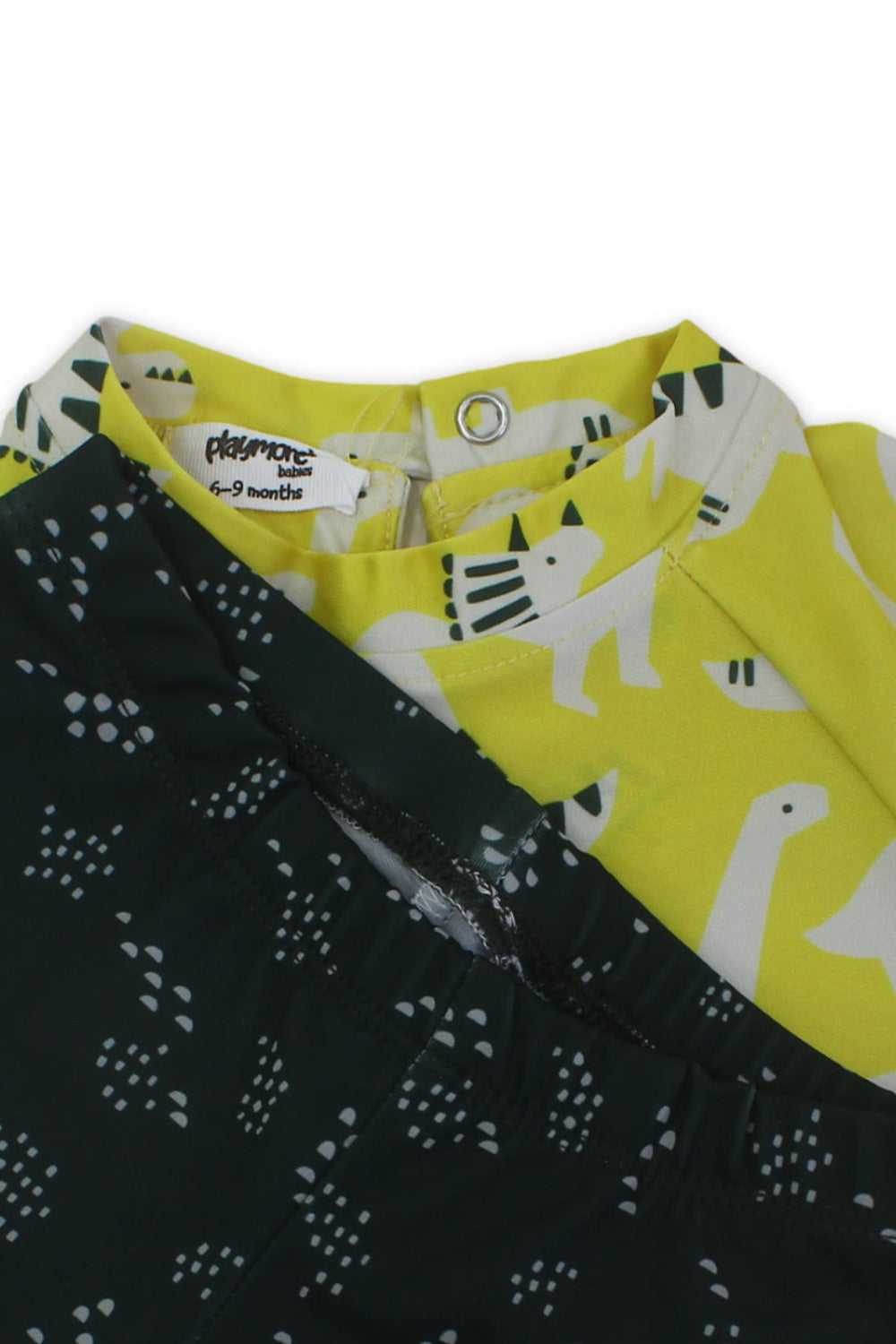 baby boys 2-piece swimsuit – yellow & olive with dinosaur print