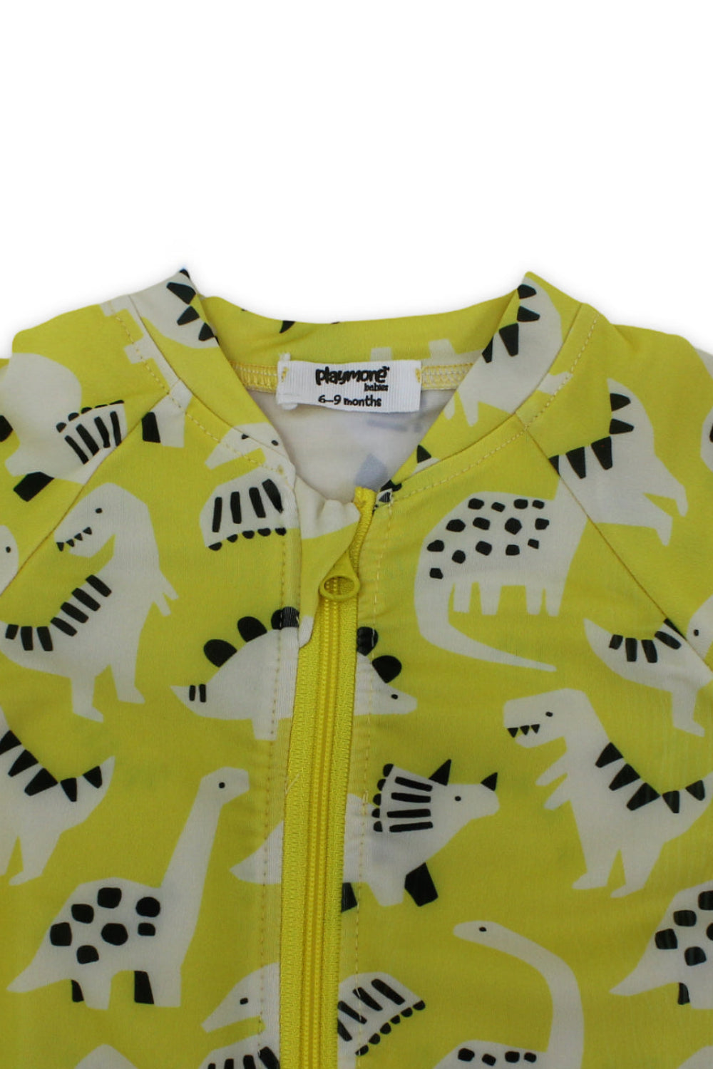 baby boys one-piece swimsuit – yellow with dinosaur print