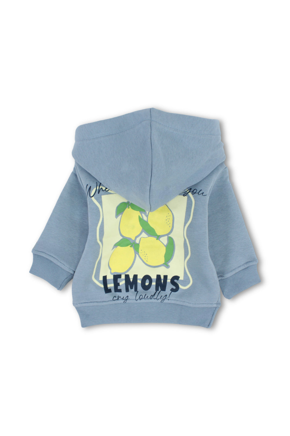 unisex baby cotton hoodie – baby blue with lemons print