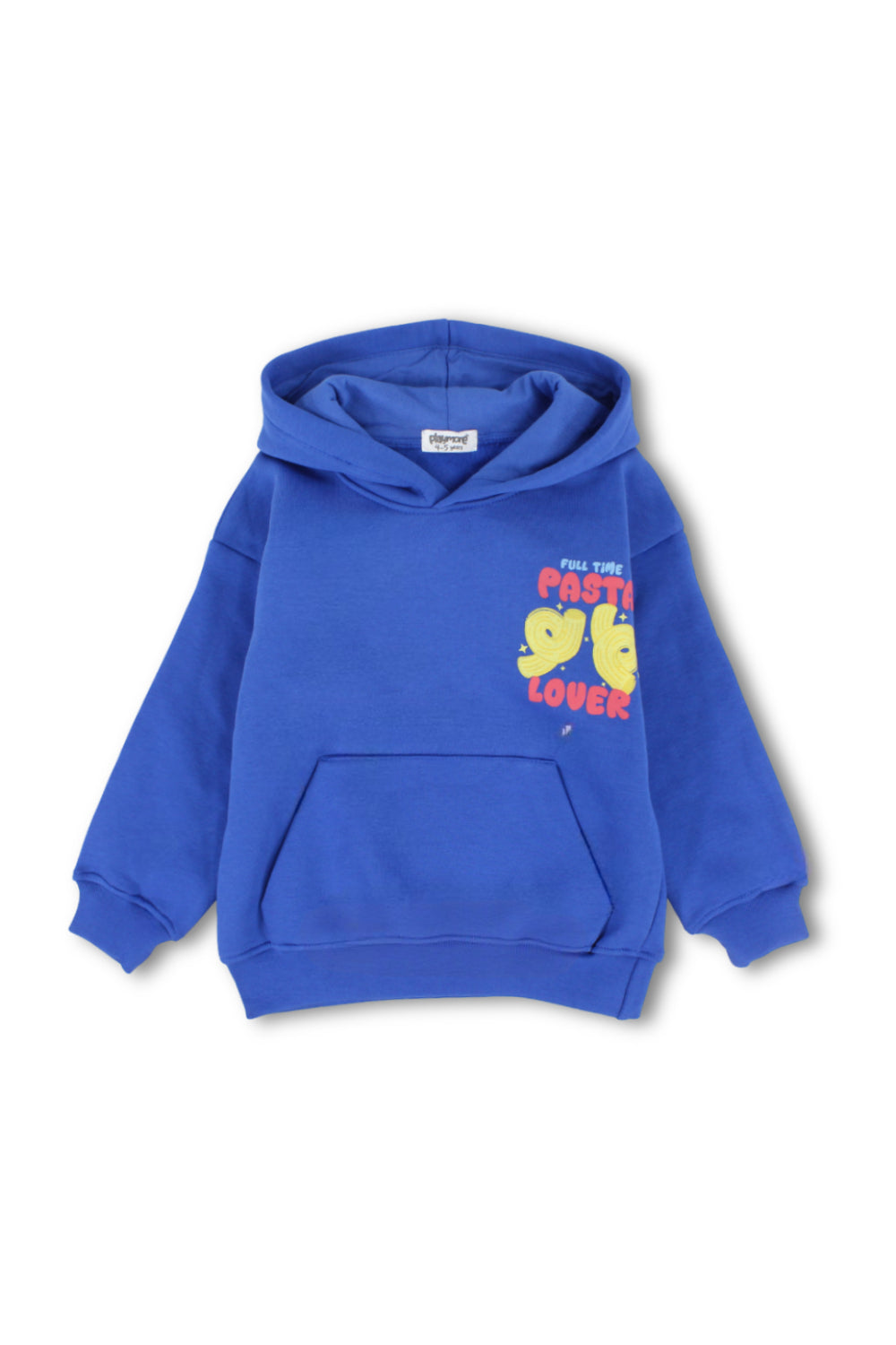 boys cotton hoodie – blue with "pasta lover" print