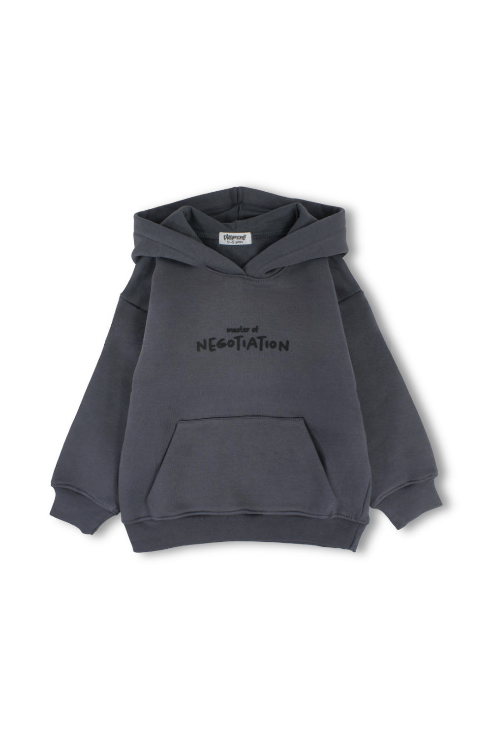 boys cotton hoodie – grey with "master of negotiation" Design