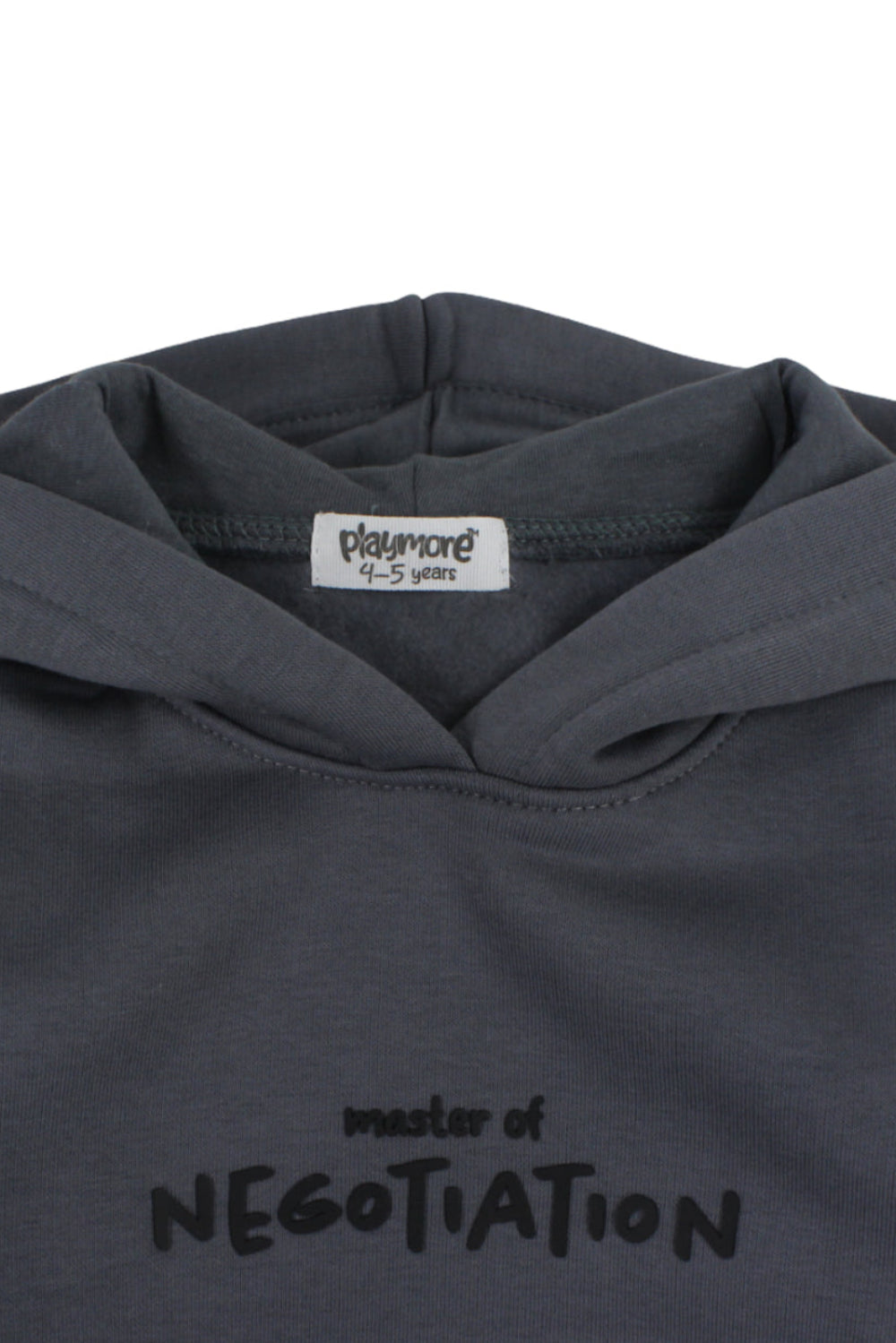 boys cotton hoodie – grey with "master of negotiation" Design