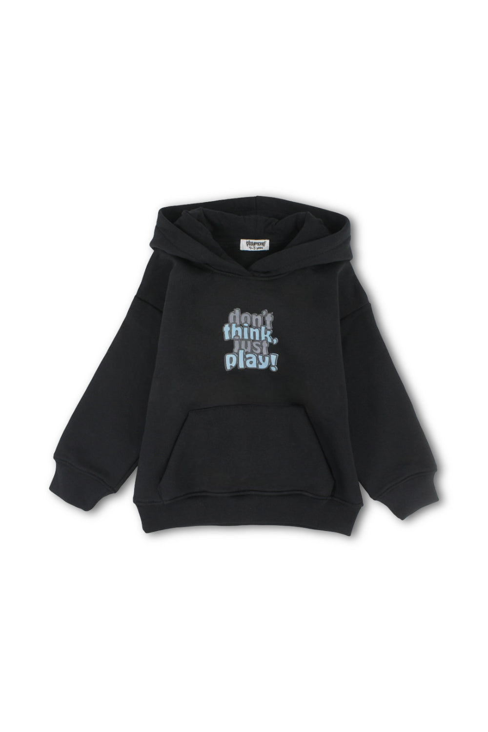 boys cotton hoodie – black with "don't think, just play!" Print
