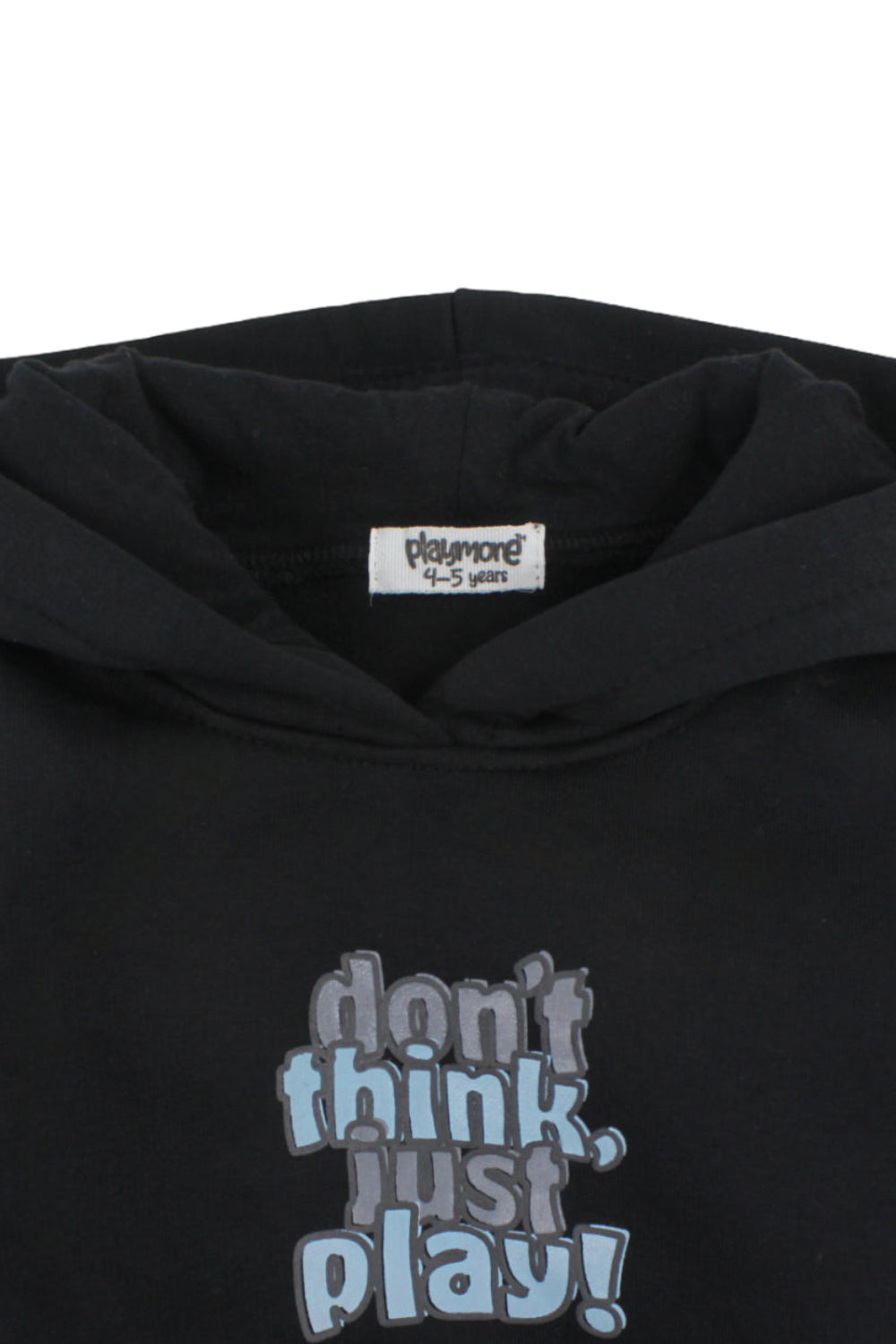 boys cotton hoodie – black with "don't think, just play!" Print