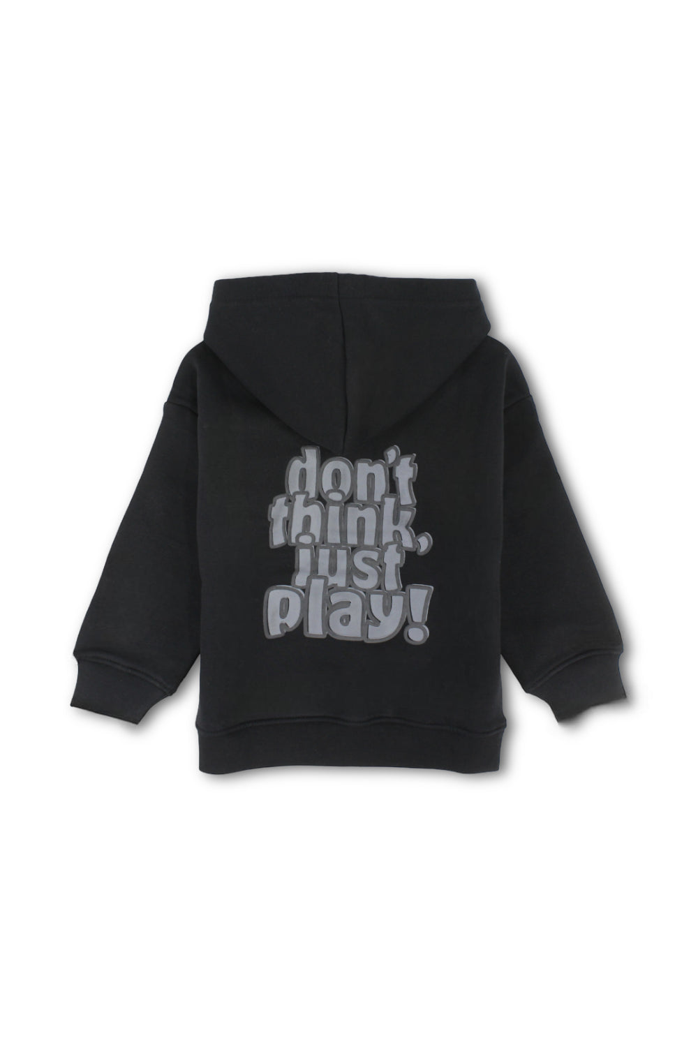 boys cotton hoodie – black with "don't think, just play!" Print