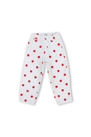 girls gabardine pants – off-white with red polka dot print