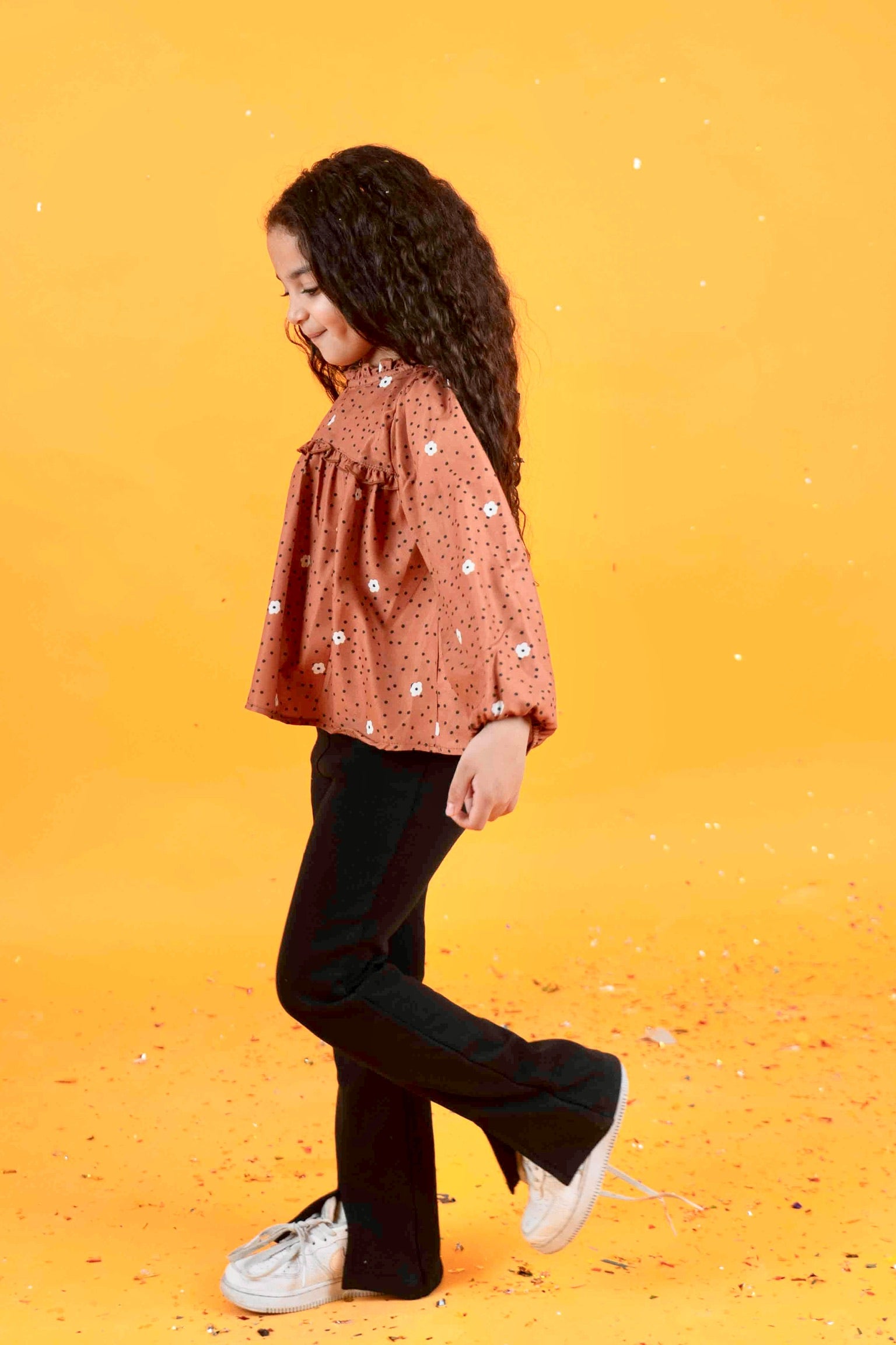 camel floral long-sleeved blouse