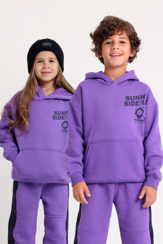 unisex cotton hoodie – purple with "sunny side up" print