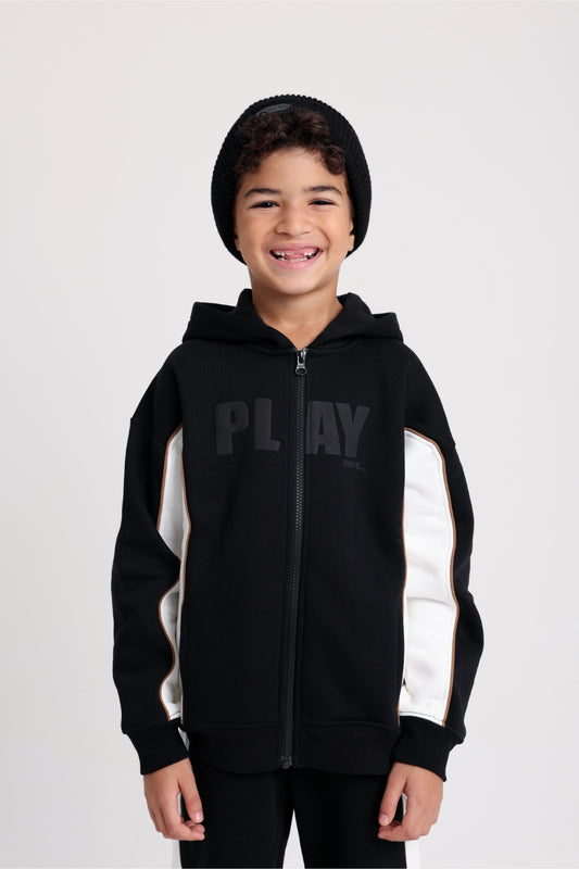 boys cotton hoodie – back with “play more“ print