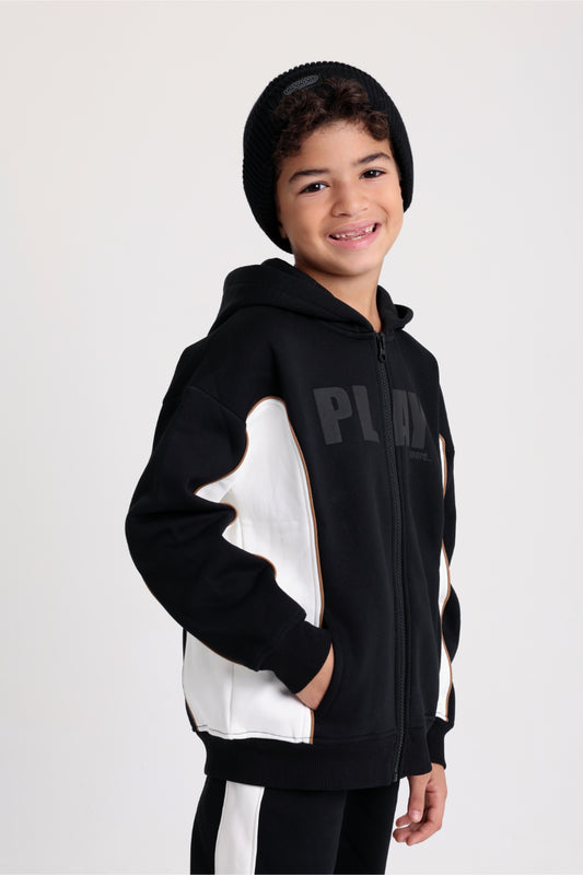boys cotton hoodie – back with “play more“ print