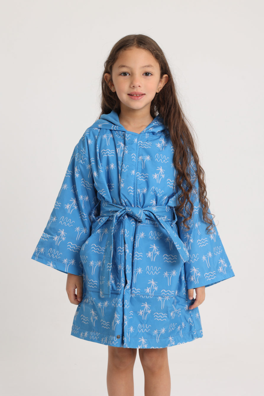 unisex swim robe – blue palm print sleeves