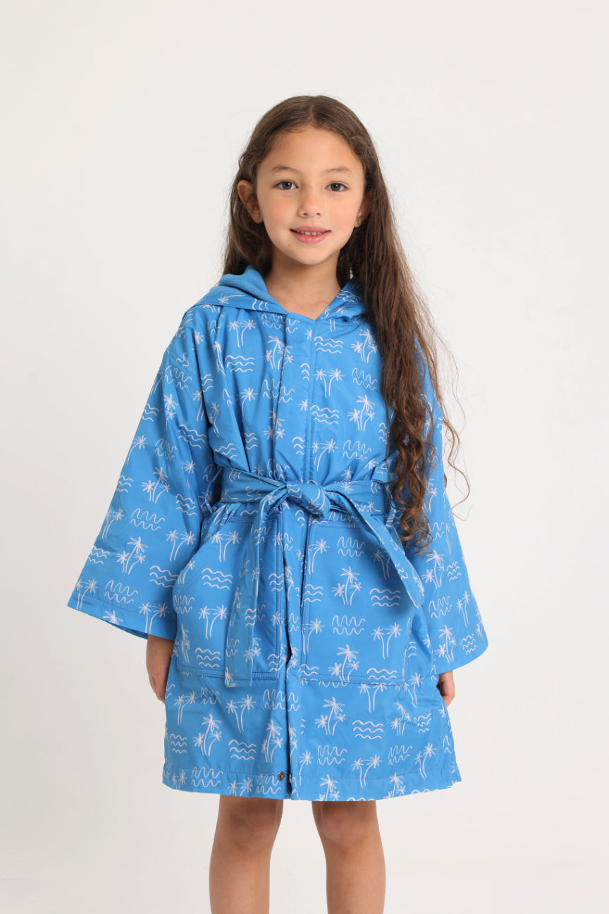 unisex swim robe – blue palm print sleeves