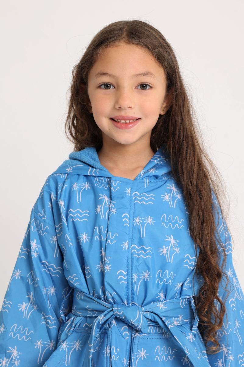 unisex swim robe – blue palm print sleeves