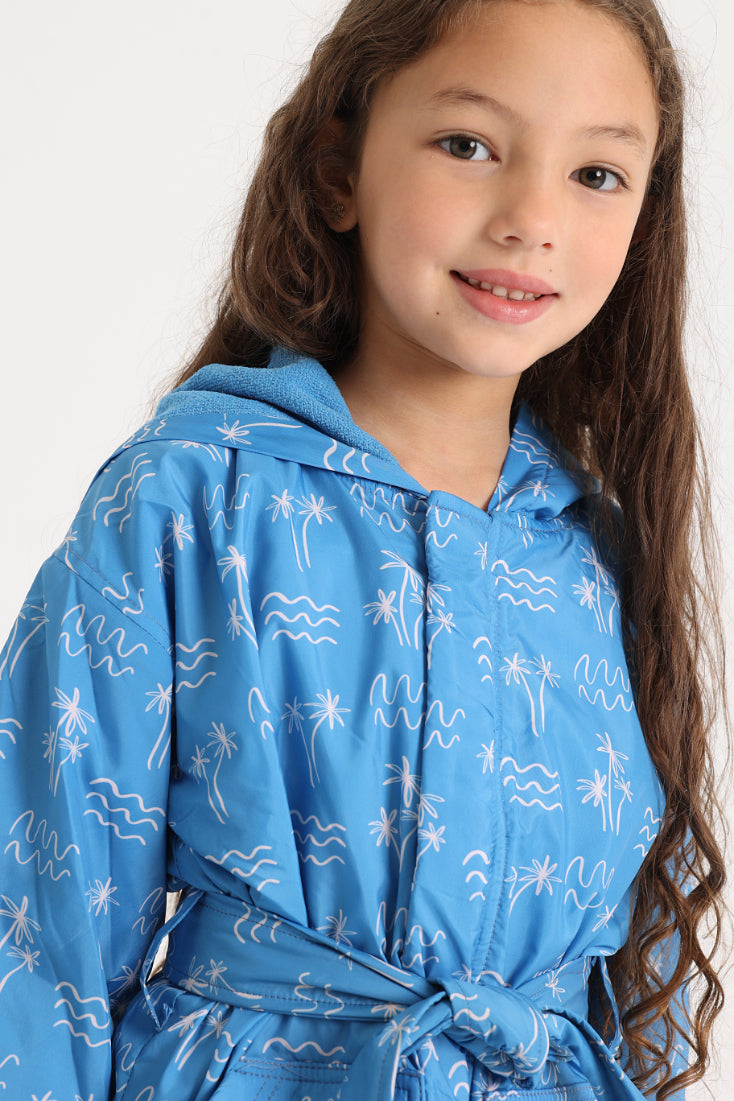 unisex swim robe – blue palm print sleeves