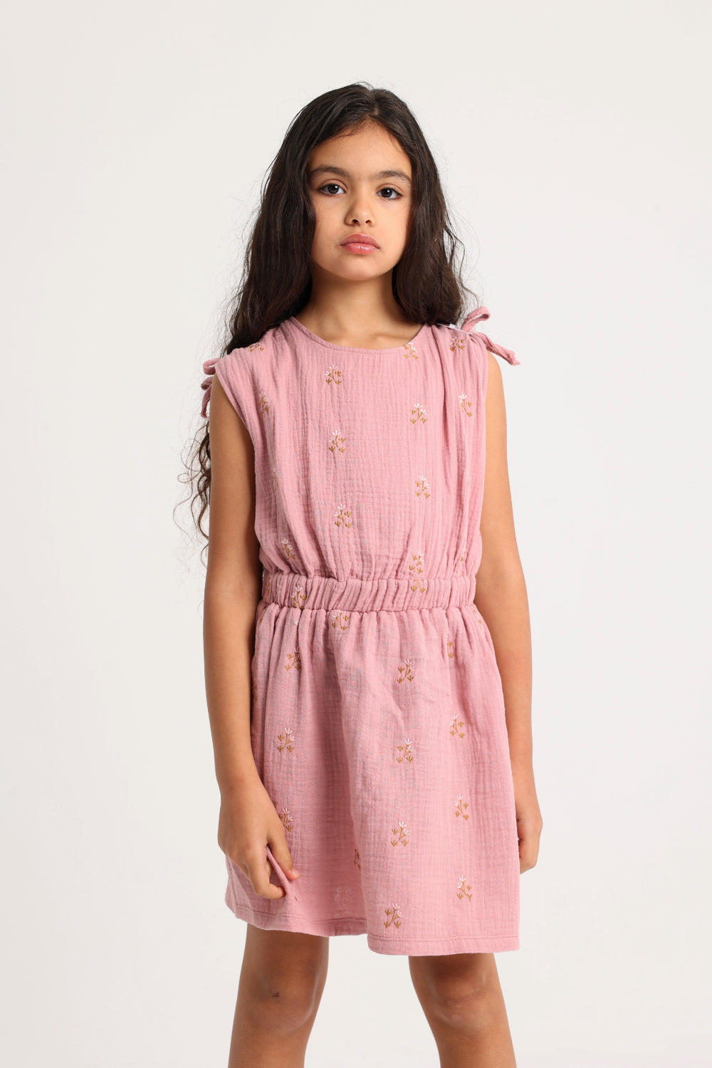 girls cotton dress – dusty pink with flowers embroidery