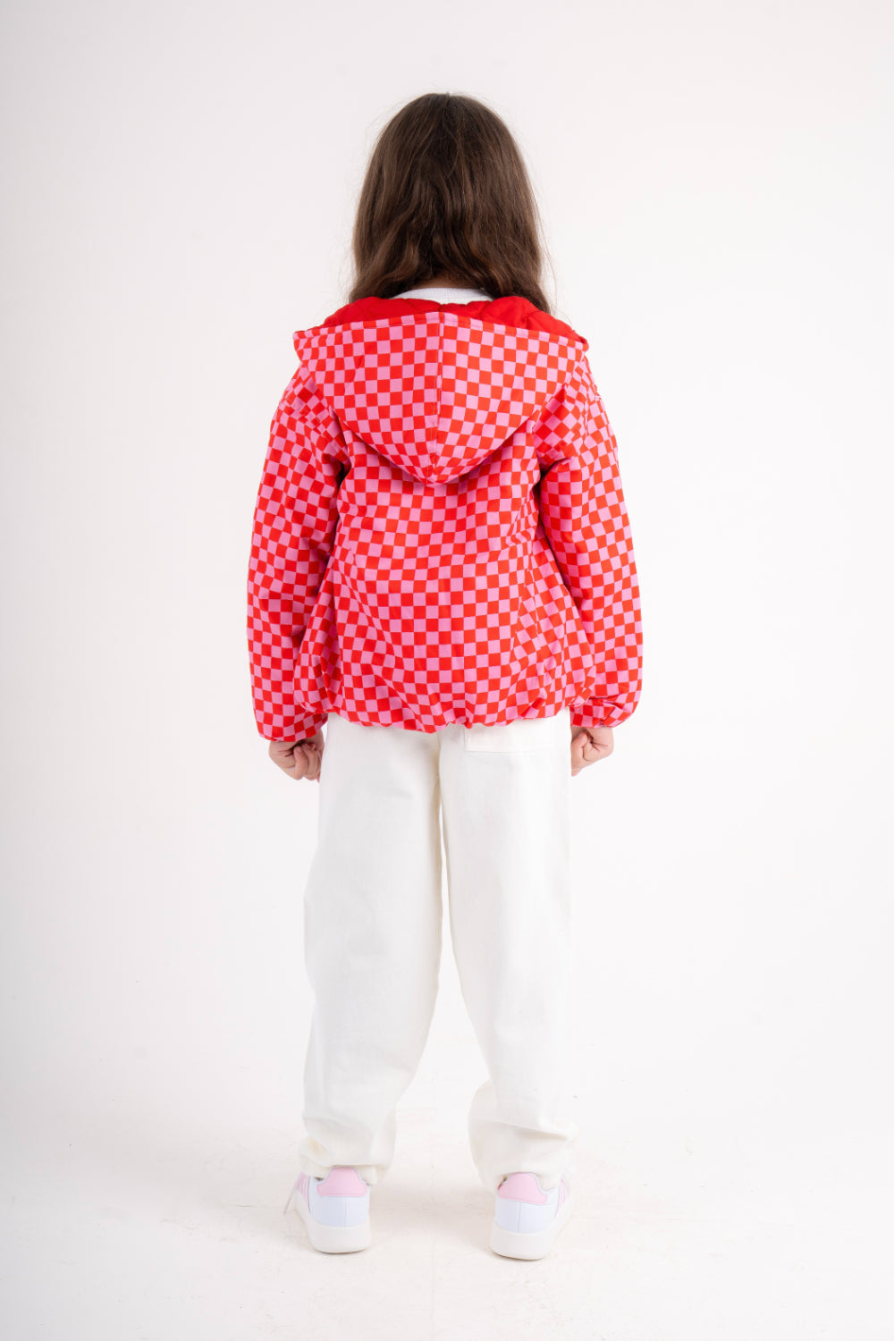 girls waterproof jacket – red & pink checkered