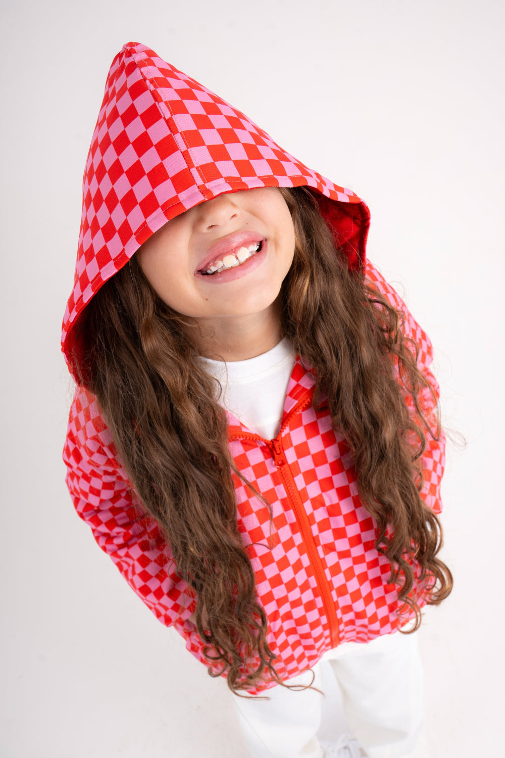 girls waterproof jacket – red & pink checkered