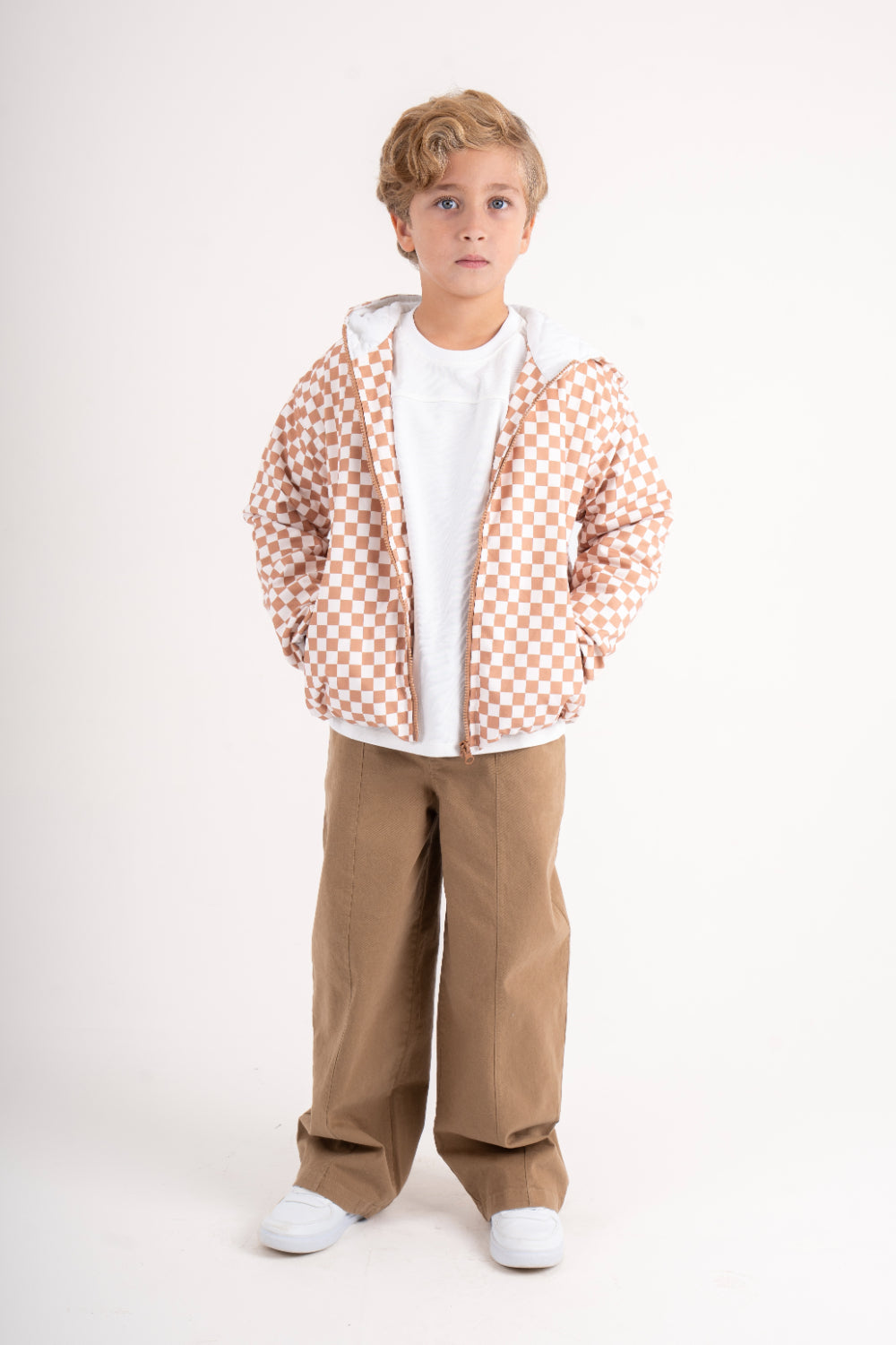 boys waterproof jacket – beige & white checkered