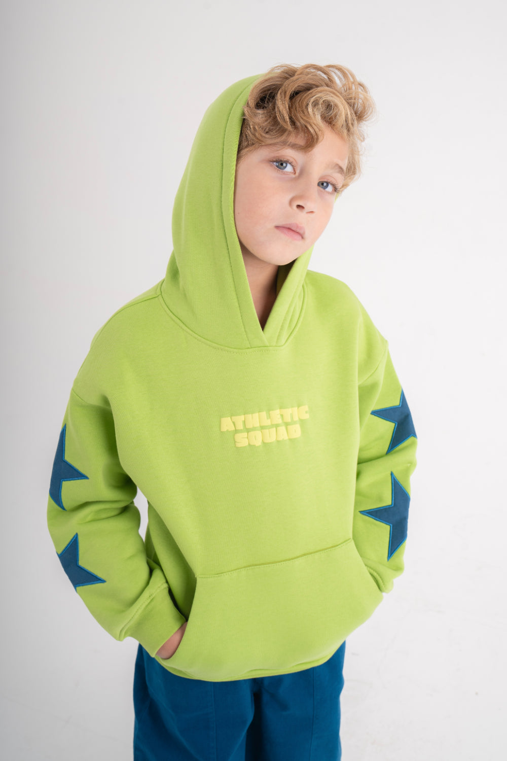 boys cotton hoodie – green with "athletic squad" print