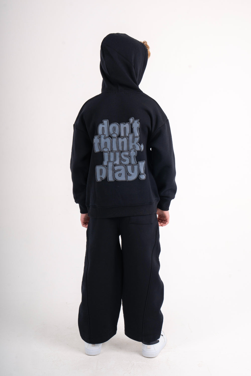 boys cotton hoodie – black with "don't think, just play!" Print