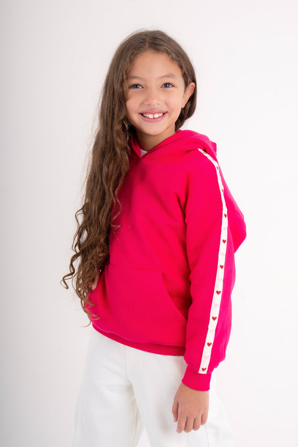 girls cotton hoodie – fuchsia with hearts print