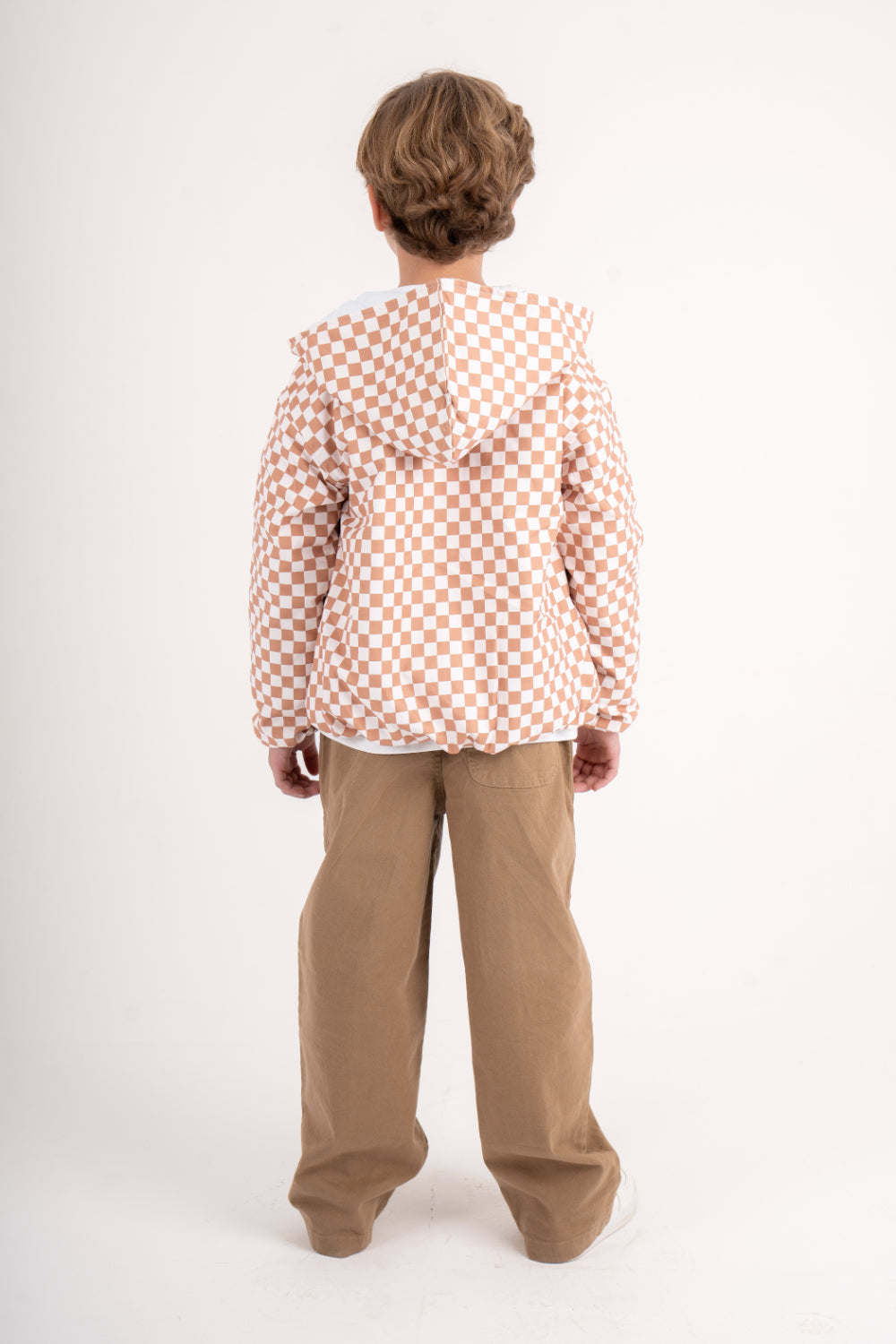 boys waterproof jacket – beige & white checkered
