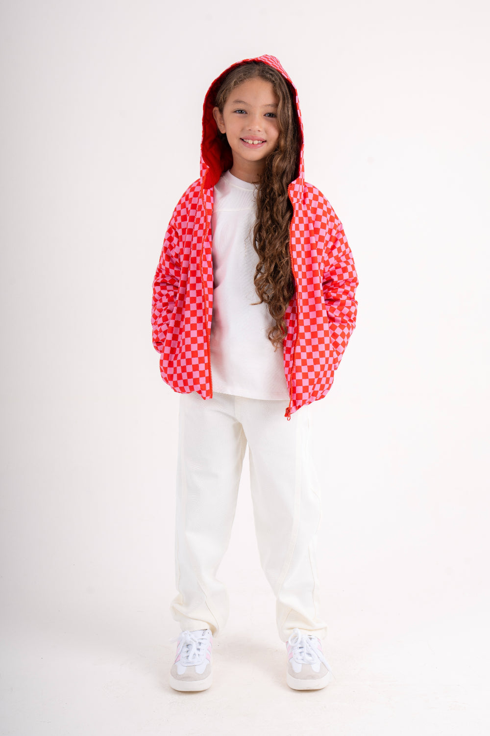 girls waterproof jacket – red & pink checkered