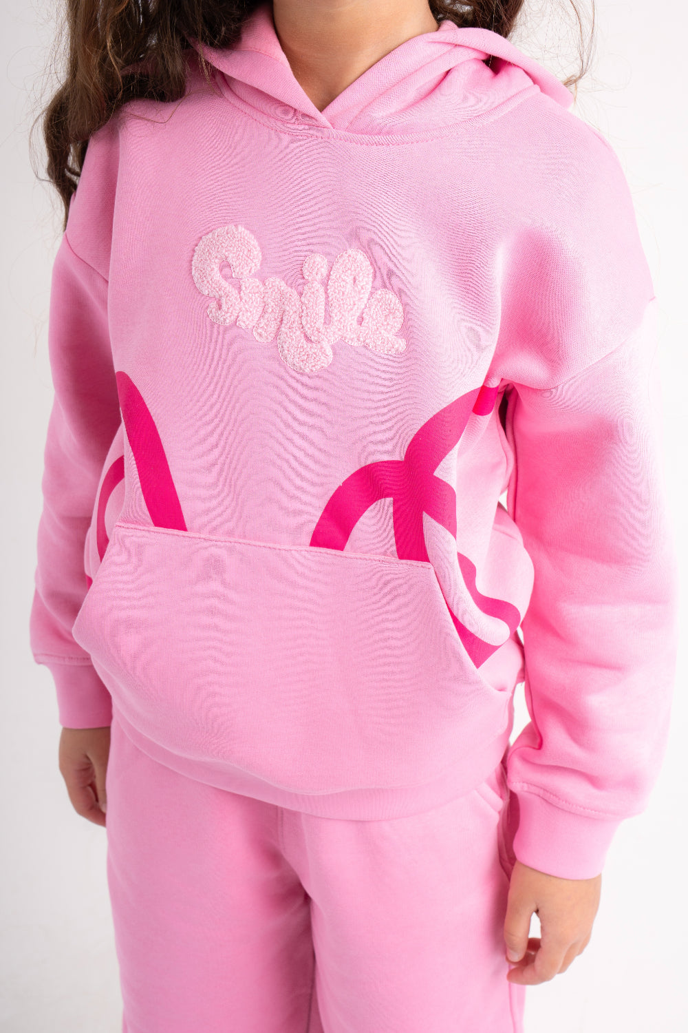 girls cotton hoodie – pink with smile embroidery