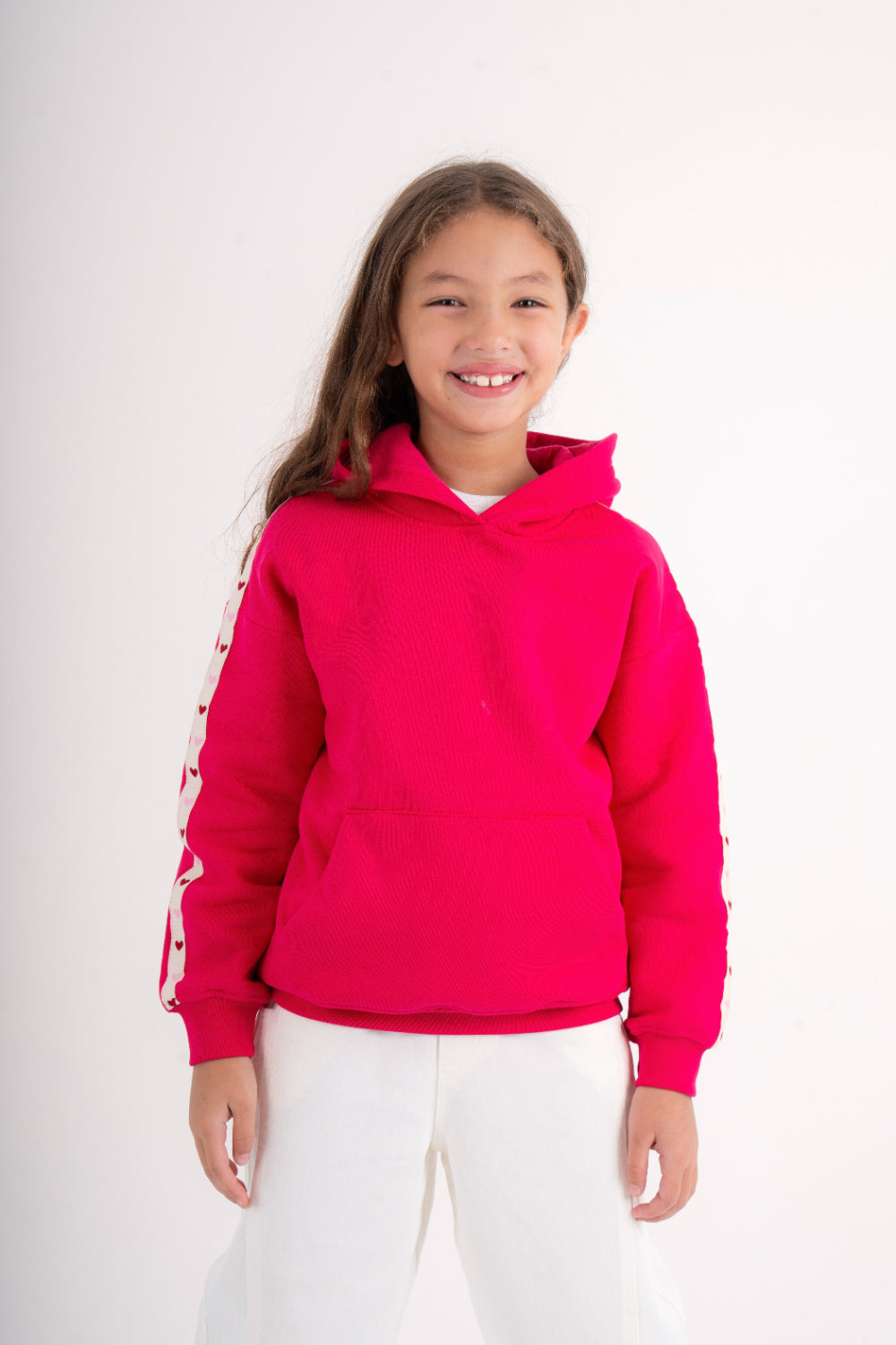 girls cotton hoodie – fuchsia with hearts print