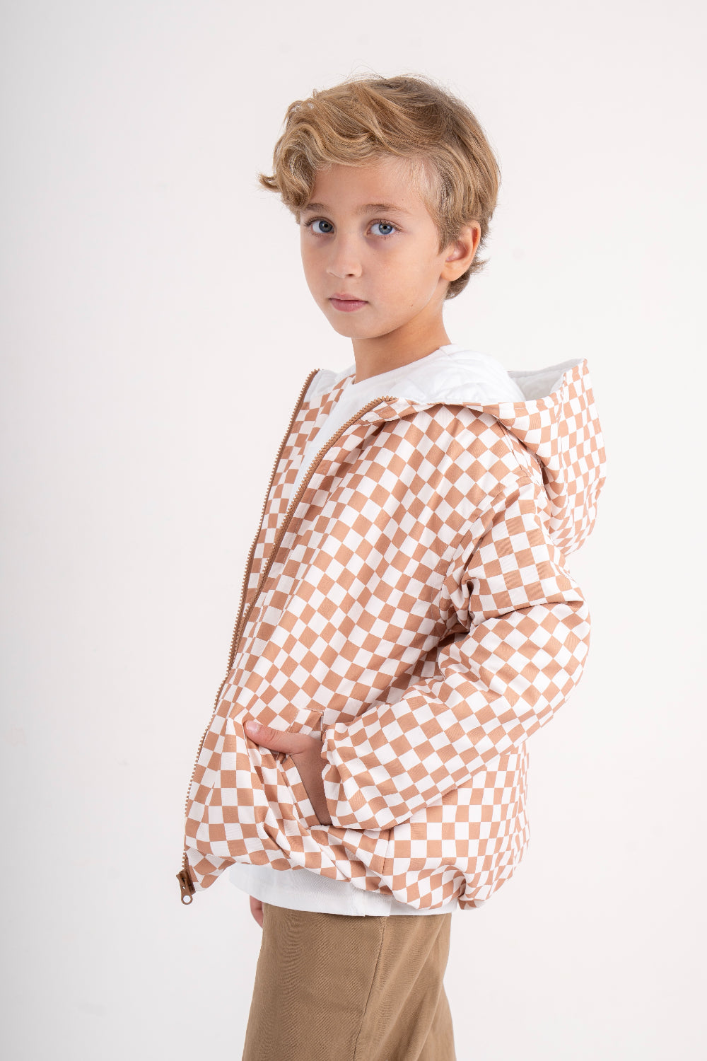 boys waterproof jacket – beige & white checkered