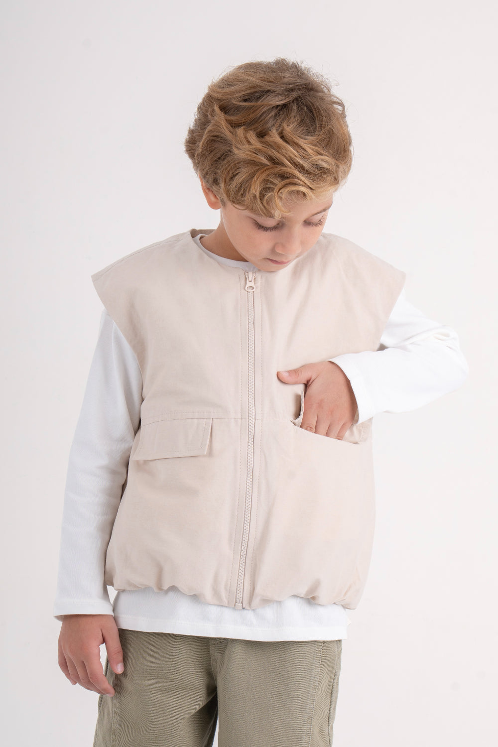 boys gabardine sleeveless vest – beige