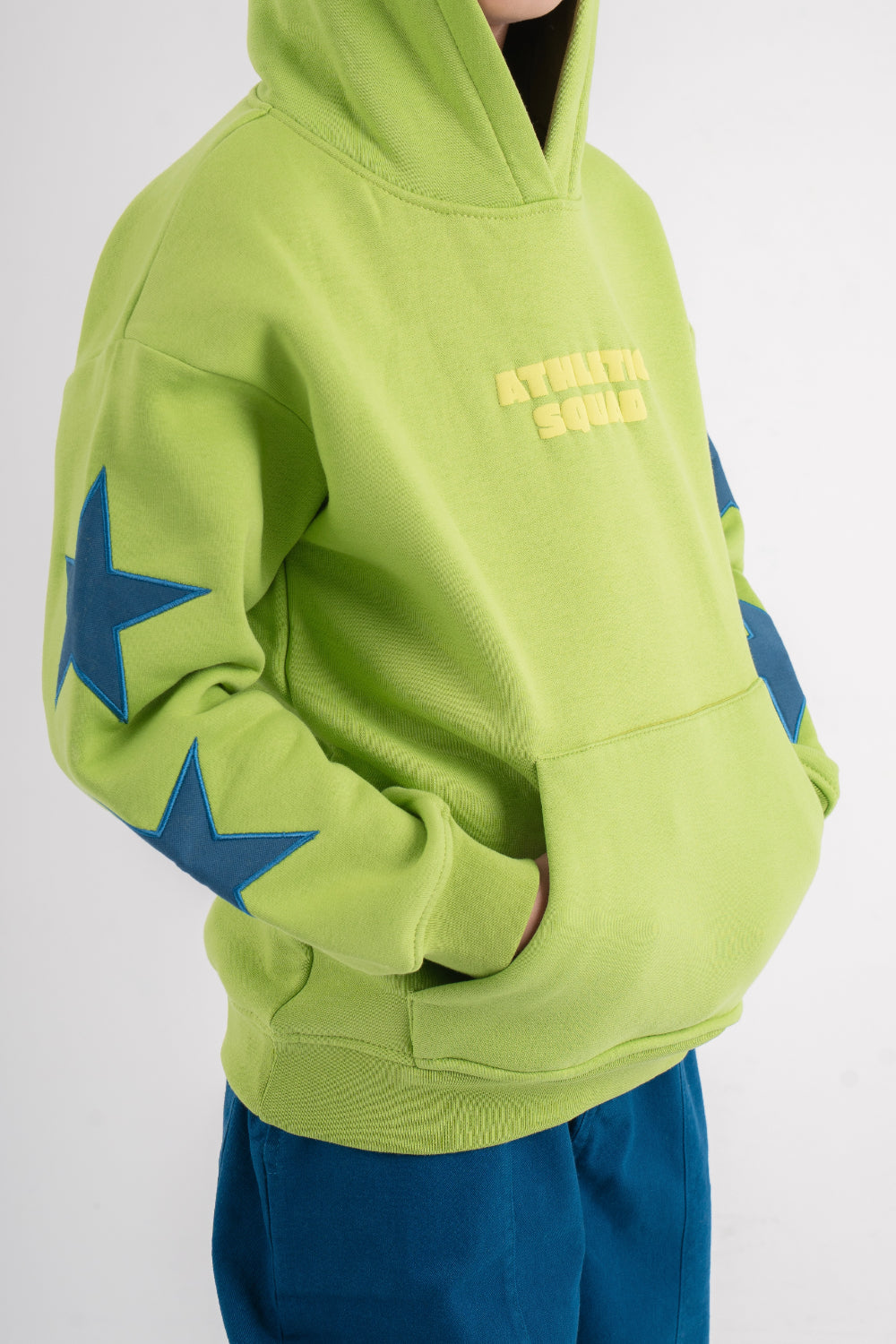 boys cotton hoodie – green with "athletic squad" print